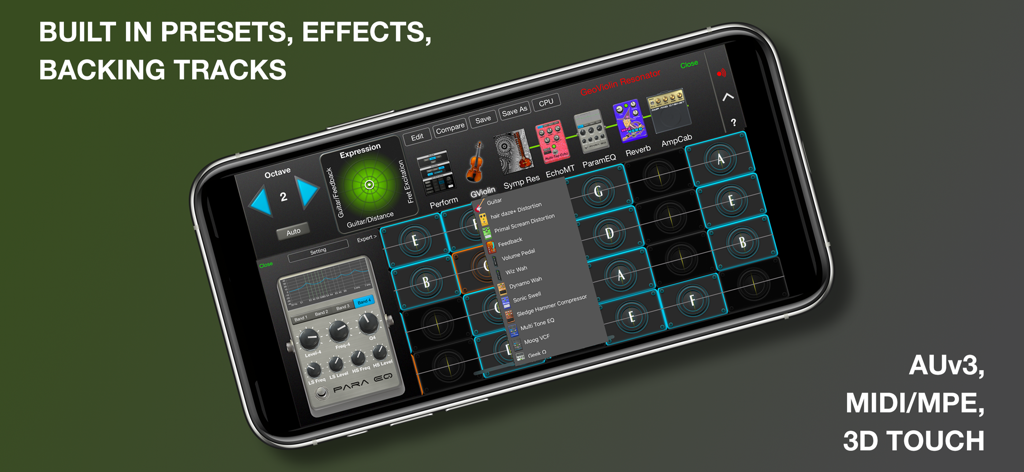 GeoShred music app interface showing built-in presets and effects