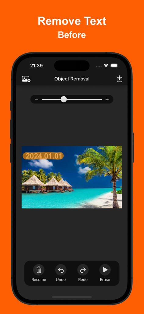 Inpaint - Object Removal - Interface do aplicativo móvel mostrando uma foto de praia com uma marca d'água de data antes da remoção de texto