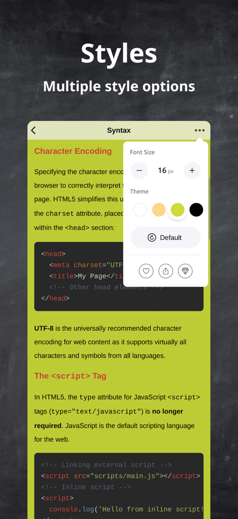 W3 - Capture d'écran de l'application de tutoriels de programmation W3 montrant les options de taille de police et de thème sur une leçon de codage.