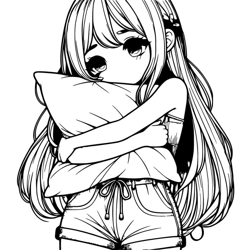 realistic girl hugging pillow in shorts with long hair