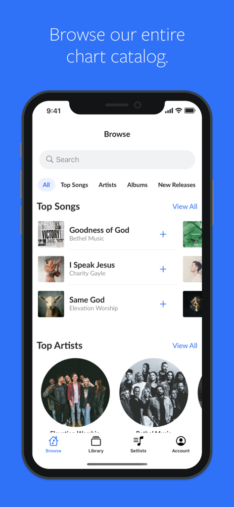 MultiTracks.com ChartBuilder - ChartBuilder mobile app browse screen displaying a catalog of worship songs and artists