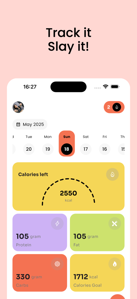 AtlasFit app dashboard displaying daily calorie remaining, protein, fat, and carbohydrate tracking.