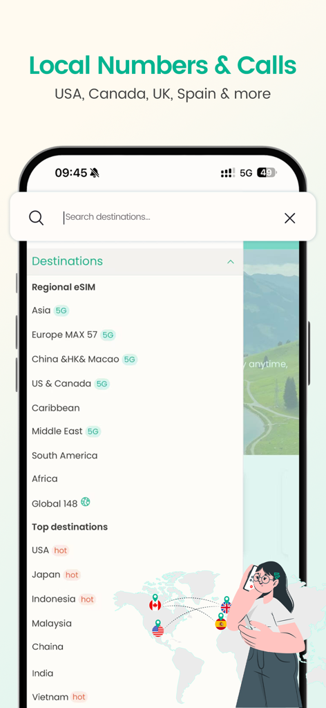 ByteSIM eSIM - Data Plan - Écran de l'application ByteSIM montrant les destinations eSIM pour les États-Unis, le Canada, le Royaume-Uni et l'Europe avec des numéros locaux et des options de connectivité 5G