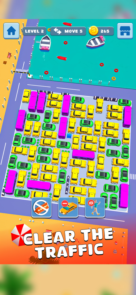 Car Jam Vehicle Escape - Un nivel de puzzle de juego móvil que muestra un estacionamiento abarrotado con taxis amarillos y autobuses rosas junto a un océano azul con barcos.