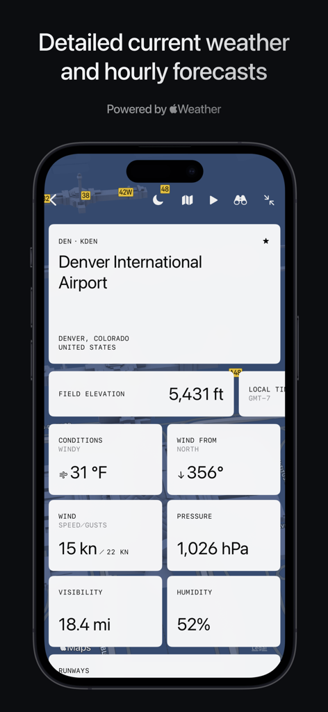 Airports. - Interfaz de la aplicación Aeropuertos que muestra las condiciones meteorológicas y la elevación del campo para el Aeropuerto Internacional de Denver.