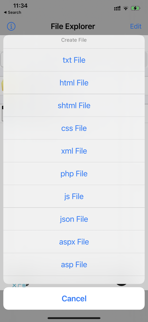 HTML & HTML5 Editor - Mobile App-Oberfläche mit Optionen zum Erstellen neuer HTML-, CSS- und JavaScript-Dateien