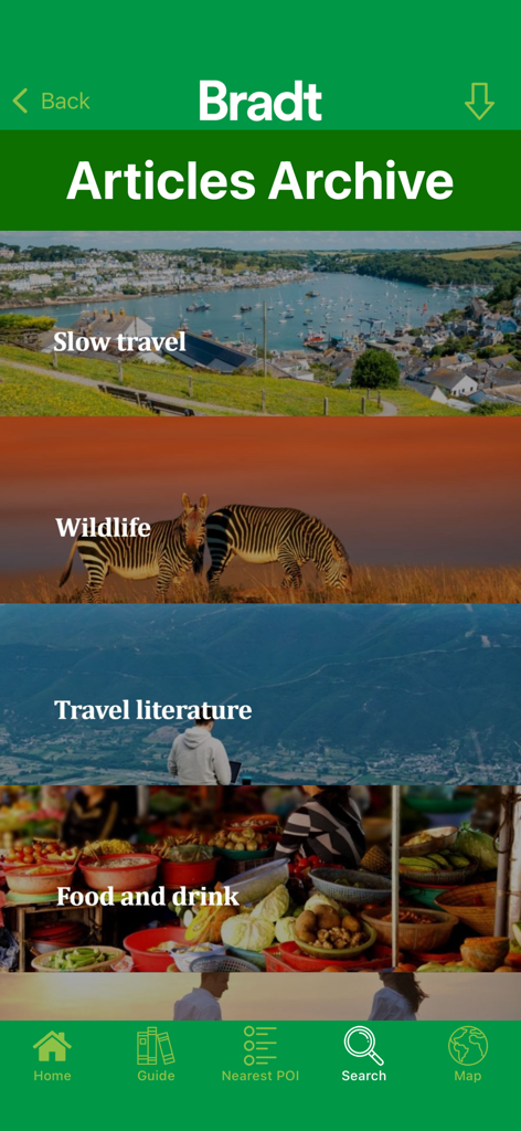 Capture d'écran de l'écran Archive d'articles de l'application Bradt Guides affichant des catégories de voyage comme le Slow Travel et la Faune.
