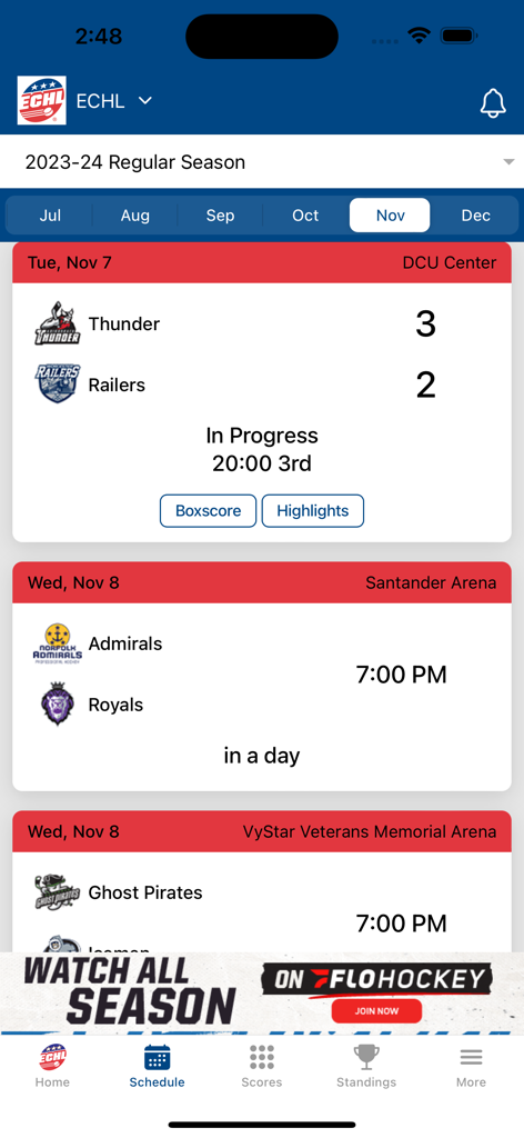 Screenshot of the ECHL app schedule page displaying live hockey scores and upcoming game times.