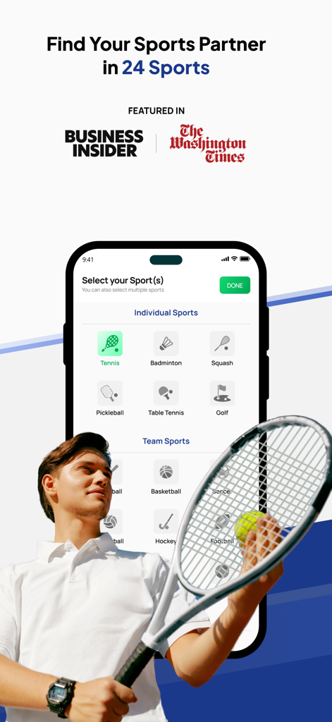 ConnectPlayers: Find Chat Play - ConnectPlayers app interface showing sports selection screen with a tennis player holding a racket