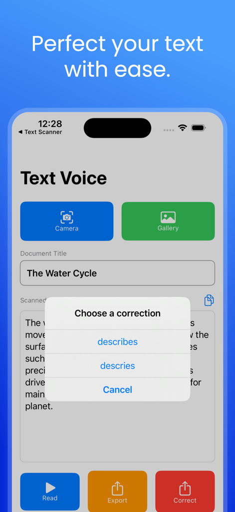Audio Text Reader Voice - Interface of the Audio Text Reader Voice app showing a spell correction popup for scanned text