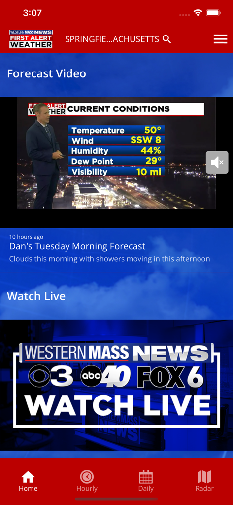 Western Mass News Weather - Western Mass News Weather app interface featuring a local meteorologist forecast video and live stream access for Springfield Massachusetts