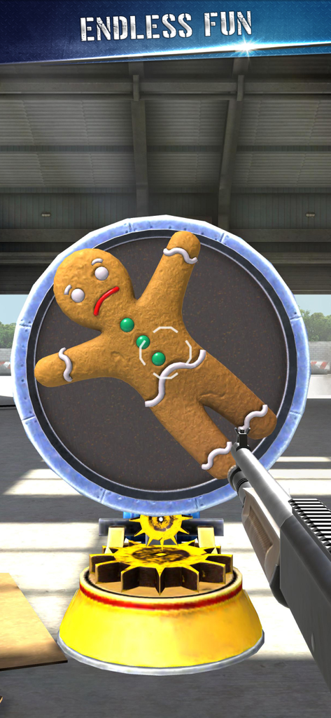 Guns Master - 射撃ギャラリーで回転するジンジャーブレッドマンのターゲットを狙うショットガンを示すGuns Masterのゲームプレイ。