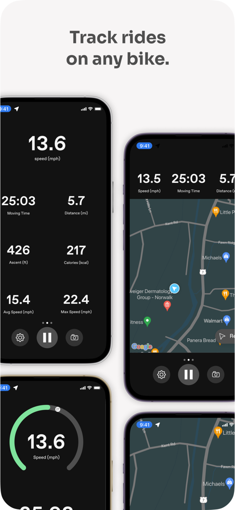 Cannondale - Multiple screens of the Cannondale mobile app displaying real time cycling metrics like speed distance and GPS map tracking
