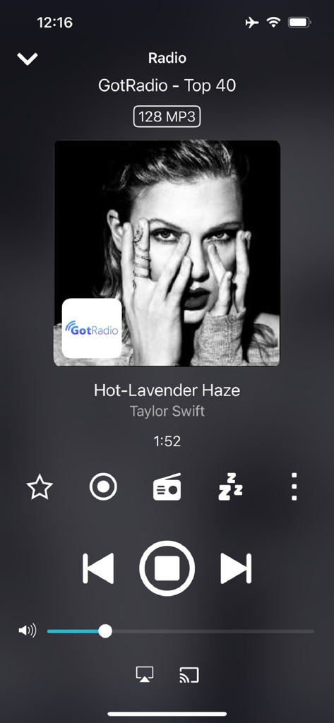 Audials Play - Radio & Podcast - Audials Play radio player interface showing Taylor Swift song on GotRadio station