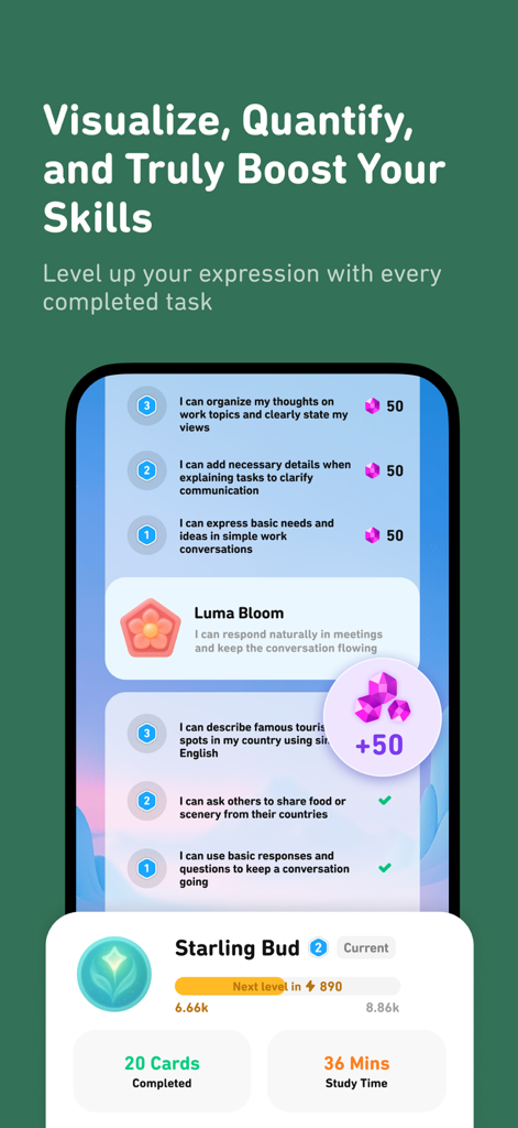 A mobile screen showing language learning progress with quantified skills, points earned, and total study time.