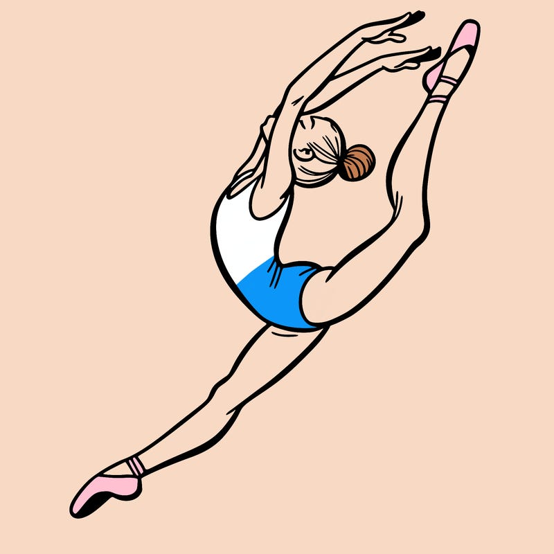 gymnast doing a leap in a leotard with a bent back leg