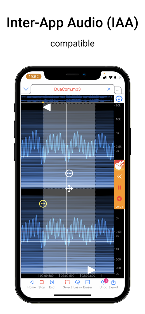 Media Assistant - Interface de smartphone do aplicativo Media Assistant mostrando edição espectral de áudio e compatibilidade Inter-App Audio