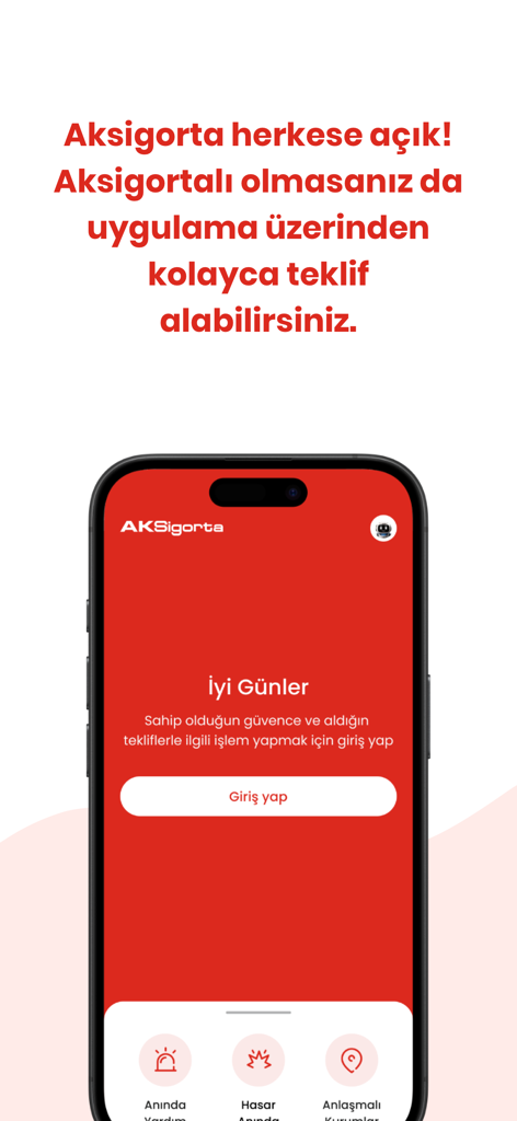 Aksigorta insurance mobile app login screen with Turkish text
