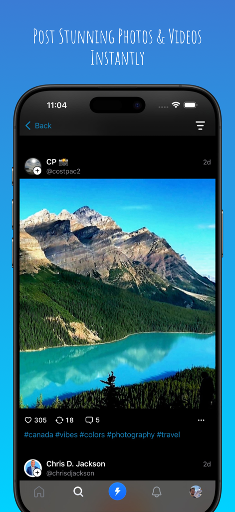 Flashes for Bluesky - An iPhone display showing the Flashes for Bluesky photo feed with a high quality landscape picture of mountains and a lake