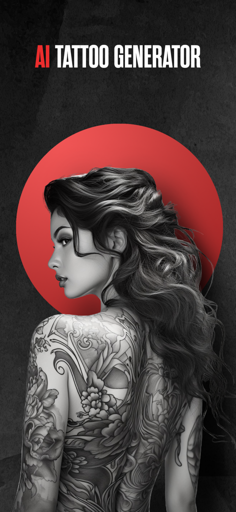 AI Tattoo Generator screen showing a woman with a large detailed floral and dragon back tattoo