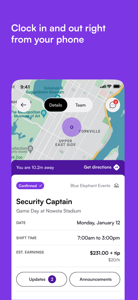 Nowsta app screen showing shift details for a Security Captain with a map and earnings estimate.