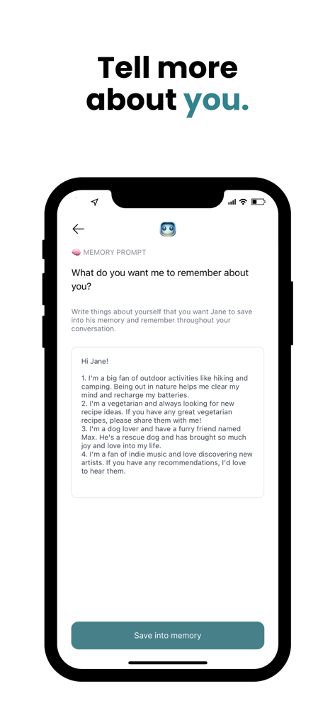 Smartphone screen showing Jane AI memory prompt to save user preferences for personalized interactions