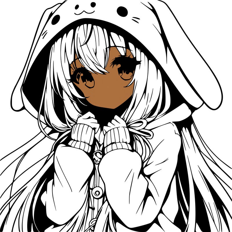 anime character girl with long hair cute bunny hoodie