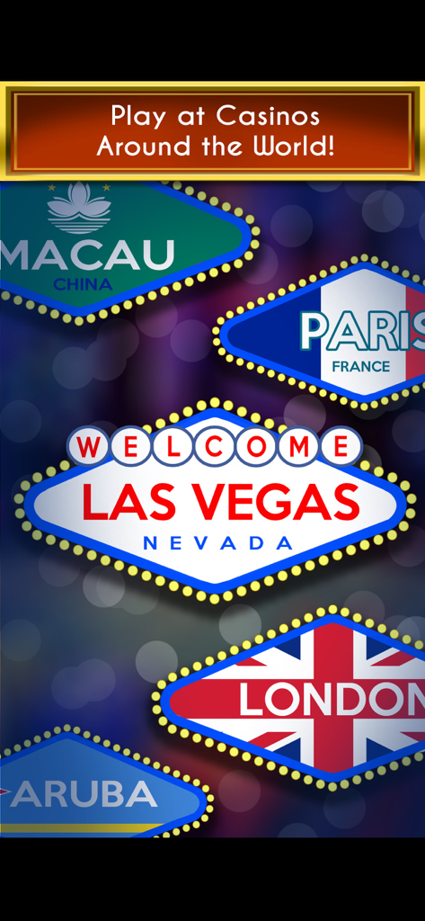 ブラックジャックゲーム内のラスベガス、ロンドン、パリ、マカオの国際的なカジノの看板