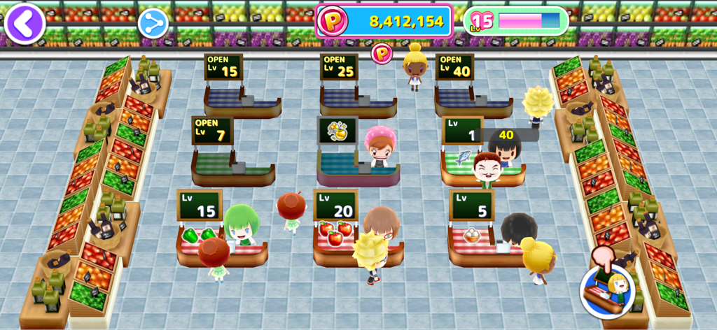 Uma visão de cima para baixo de um minijogo de gerenciamento de supermercado em Cooking Mama Lets cook, mostrando múltiplos caixas e corredores de supermercado.