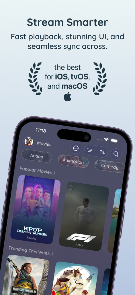 Chillio IPTV Smart Player Pro - Interface do iPhone do Chillio IPTV Smart Player Pro mostrando categorias de filmes e conteúdo em alta.