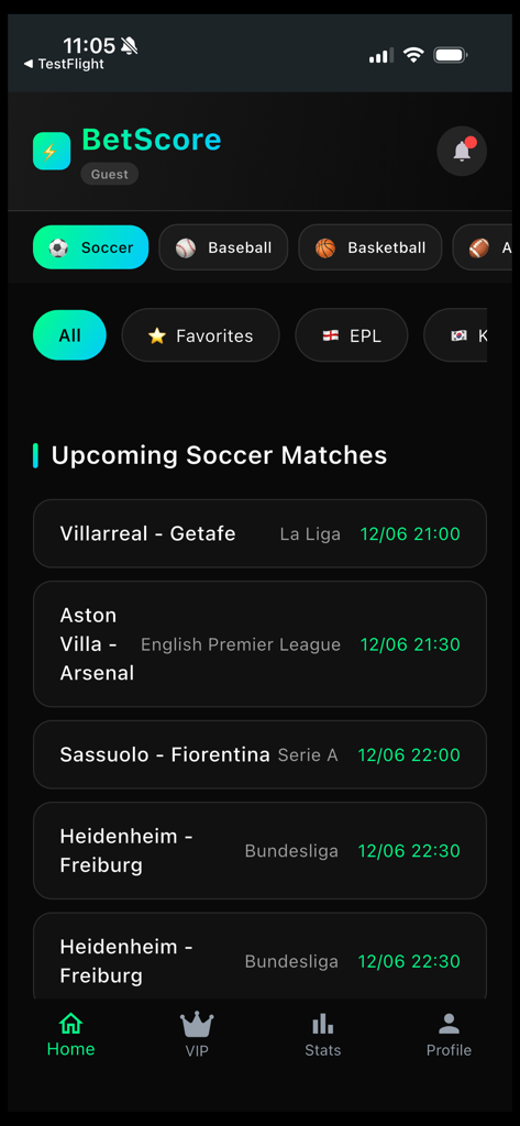BetScore - AI Sports Analytics - BetScore app interface displaying a list of upcoming soccer matches with league names and scheduled times