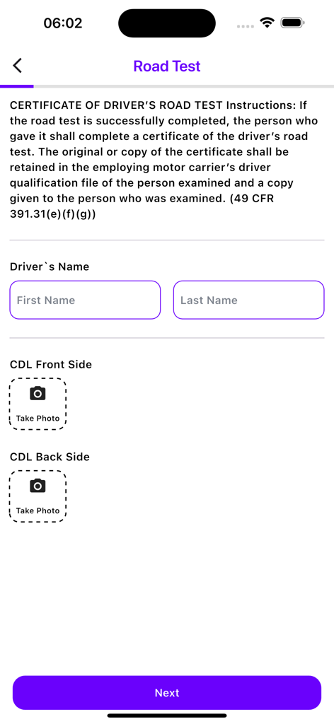 Pro Truck App Straßentest-Bildschirm mit Eingabefeldern für Fahrernamen und CDL-Foto-Uploads