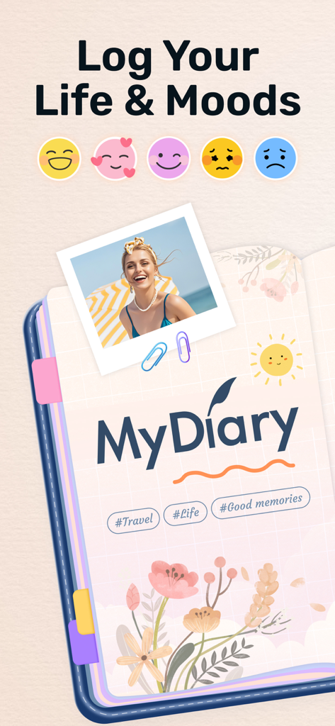 Interfaz de la aplicación Mi Diario que muestra emojis de seguimiento de estado de ánimo y una entrada de diario decorada con una foto personal