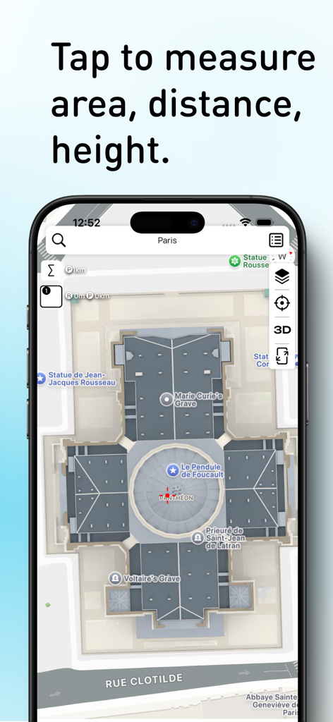Planimeter: Area & Distance - Interface de l'application Planimeter montrant une carte satellite pour mesurer la surface, la distance et la hauteur