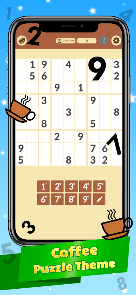 Sudoku IQ - Train your Brain - Sudoku IQ mobile app game screen showcasing the warm brown coffee puzzle theme interface