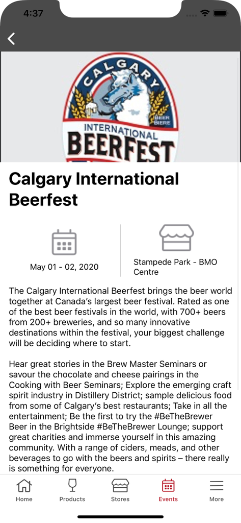 Calgary International Beerfest event page in the Liquor Connect app showing dates and location