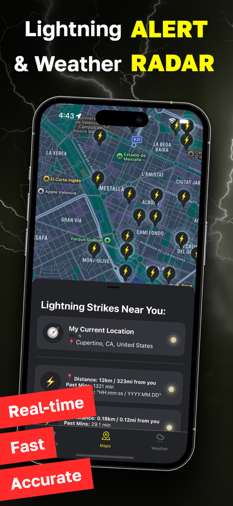 Pantalla de smartphone que muestra un mapa de rastreo de rayos en vivo con alertas en tiempo real y datos de radar meteorológico local