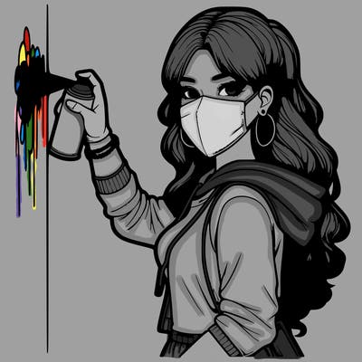 realistic girl with mask spray painting a wall