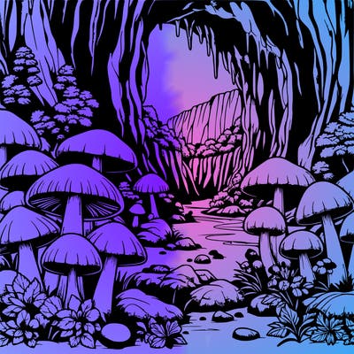 realistic cave full of beautiful mushrooms