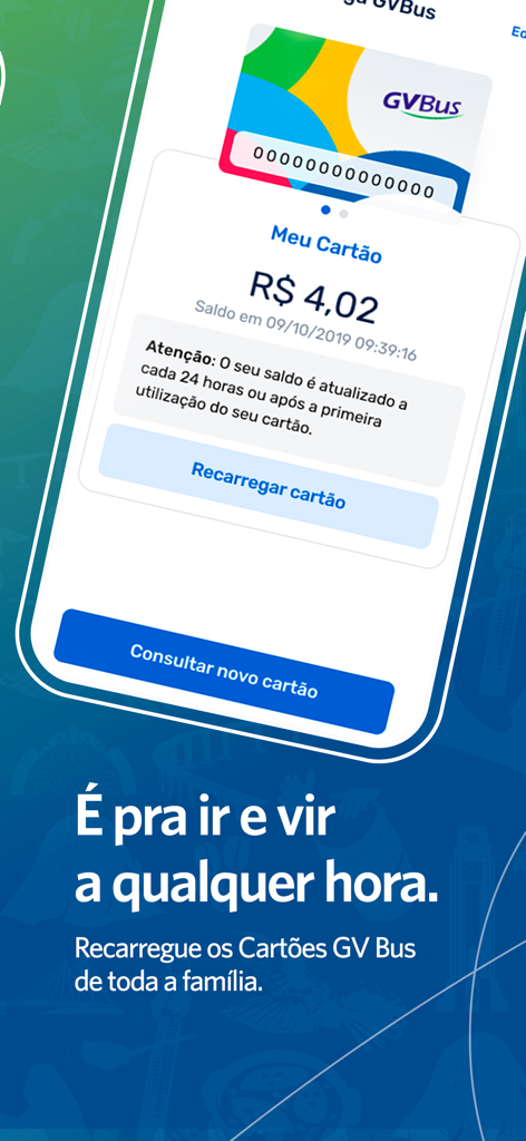 Banestes - Banestes app interface showing the GVBus transport card balance and recharge options