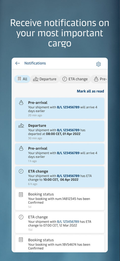 Maersk - 貨物出荷のリアルタイム更新を表示するマースクアプリの通知画面