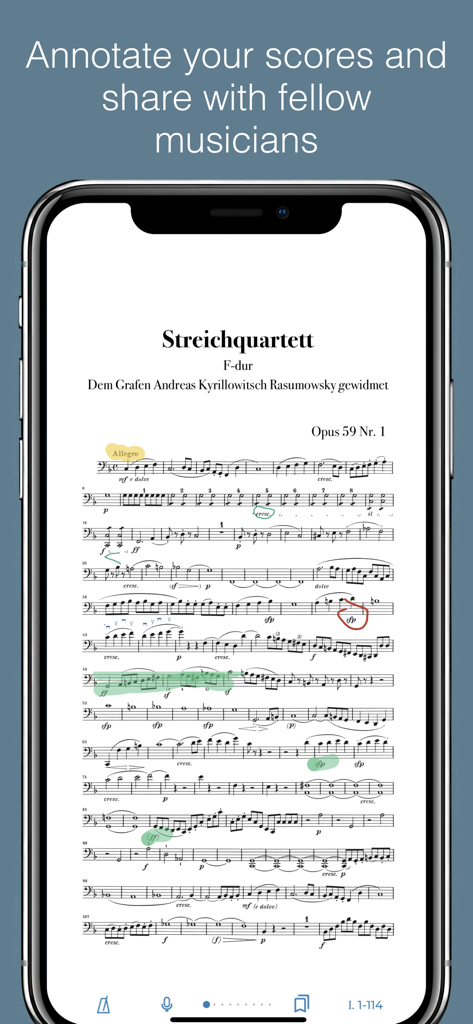 Digitale Partitur auf einem iPhone-Bildschirm mit farbigen Annotationen und Hervorhebungen innerhalb der Henle Library App.