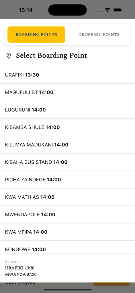 Allys Star Bus - Oberfläche der Allys Star Bus App, die eine Liste von auswählbaren Abholpunkten und Abfahrtszeiten in Tansania anzeigt.