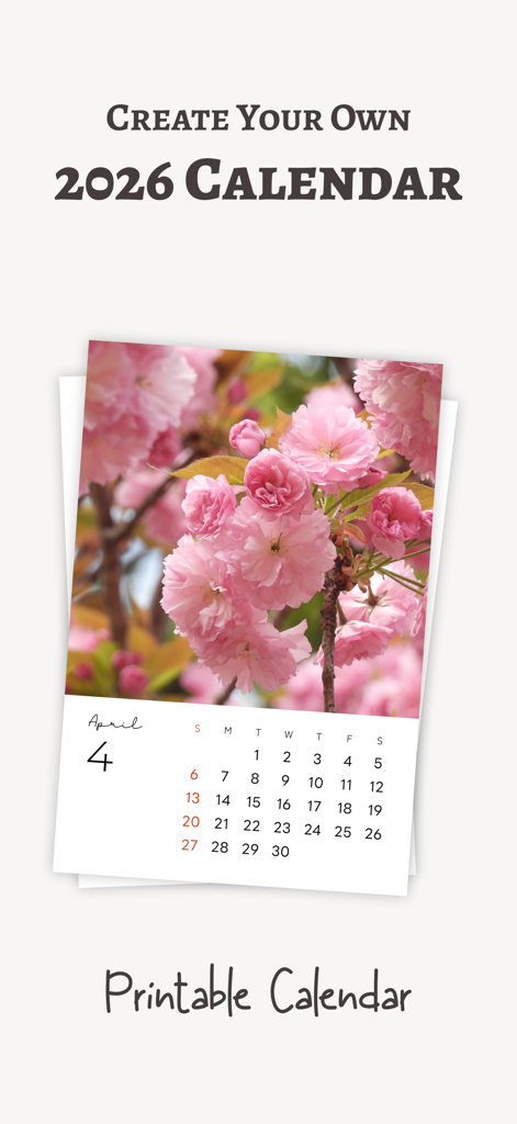桜の画像付き、ミニマリストなカスタム印刷可能フォトカレンダー2026