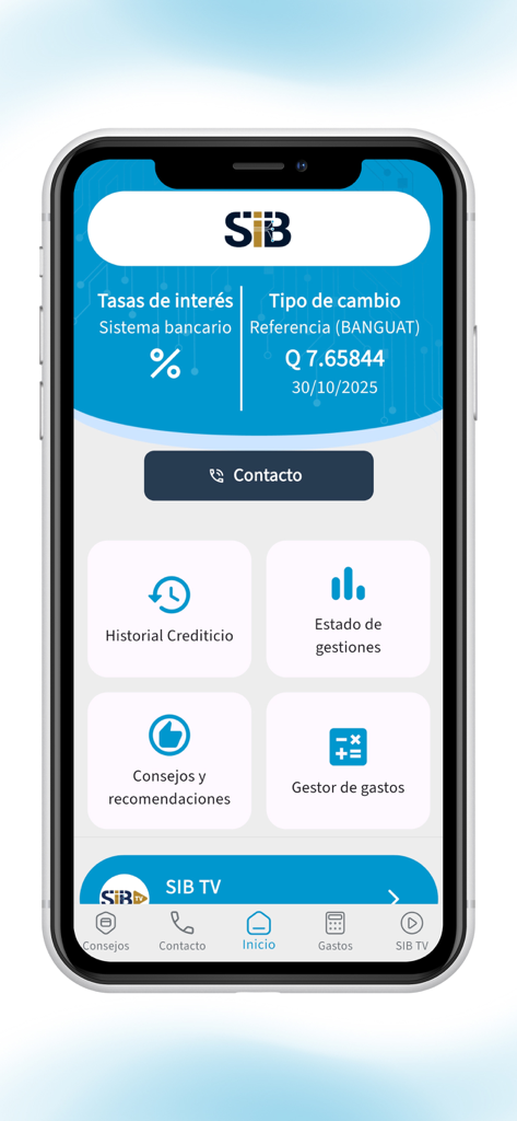SIB Guatemala - SIB Guatemala mobile app home screen with exchange rates and credit history access