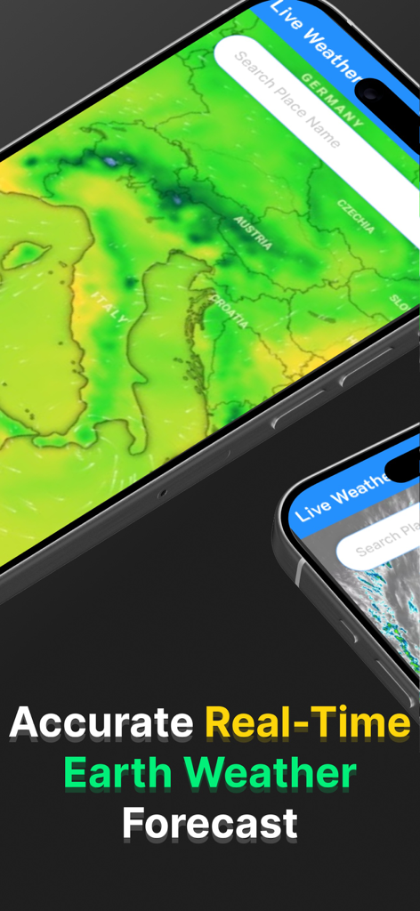 Live Weather Map Zoom Earth - iPhone screen showing a real time weather map with temperature heatmap over Europe
