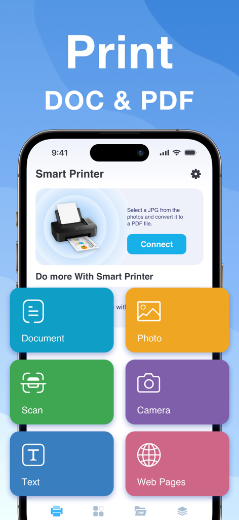 Smart Printer App: PDF Scanner - Smart Printer app interface on an iPhone displaying options to print documents photos and scan files