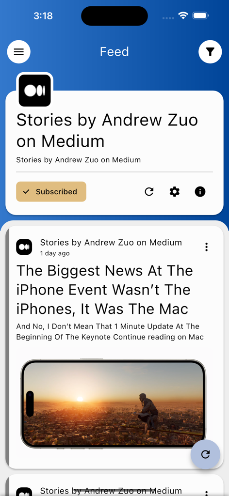Mobile view of the Stratum RSS reader showing a news article feed from Medium.