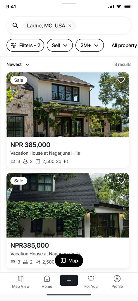 Nepal Niwas - Nepal Niwas app interface showing property listings for sale in Nepal