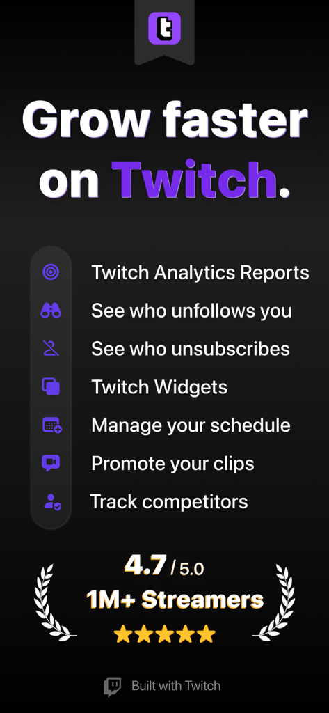Stream Tracker for Twitch Live - A feature list for Stream Tracker for Twitch Live including analytics reports, unfollow tracking, and competitor tracking with a 4.7 star rating.